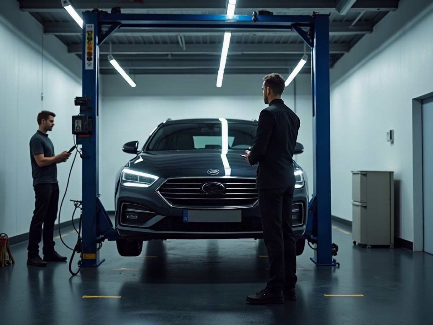 Diagnostic bay at BK-TON d.o.o.: car on a lift, tablet, OBD cable