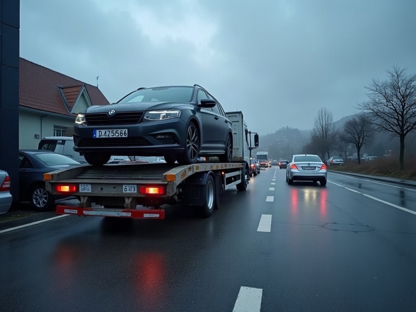 Car carrier unloading a sedan at BK-TON d.o.o.